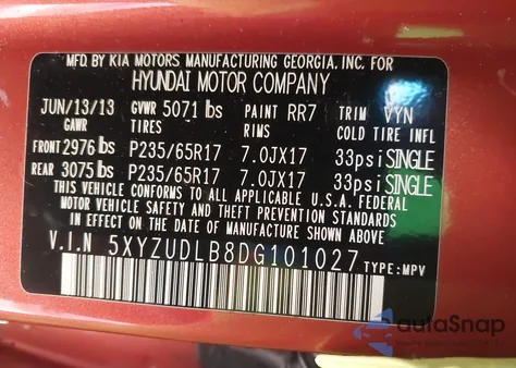 2013 Hyundai Santa Fe Sport z USA, uszkodzony, nr VIN 5XYZUDLB8DG101027